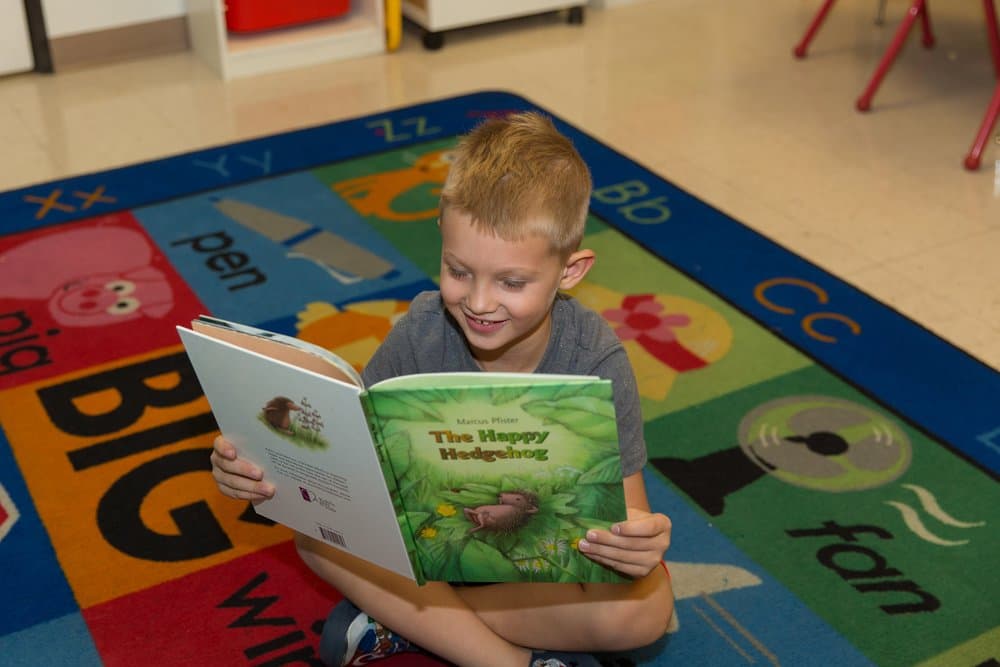 A young boy reading a picture book on the classroom alphabet rug